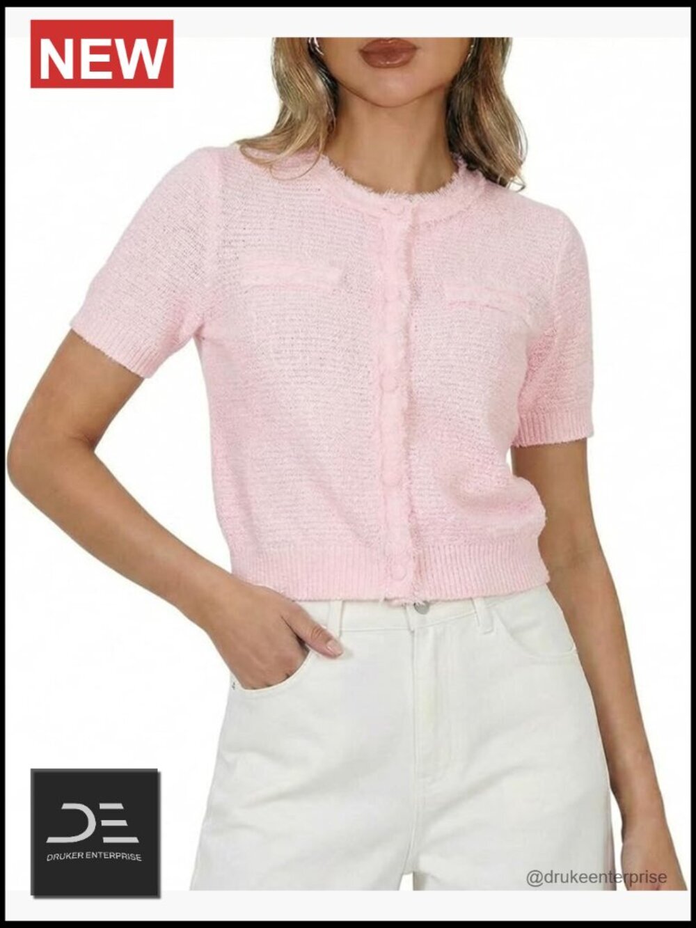 Cropped Knit Top Cardigan Short Sleeve Frayed Edge Cotton Button Up Fitted T